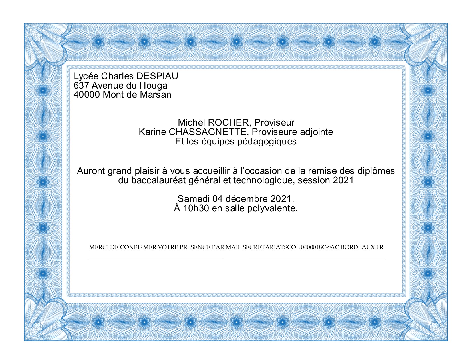 Invitation remise diplôme session 2021